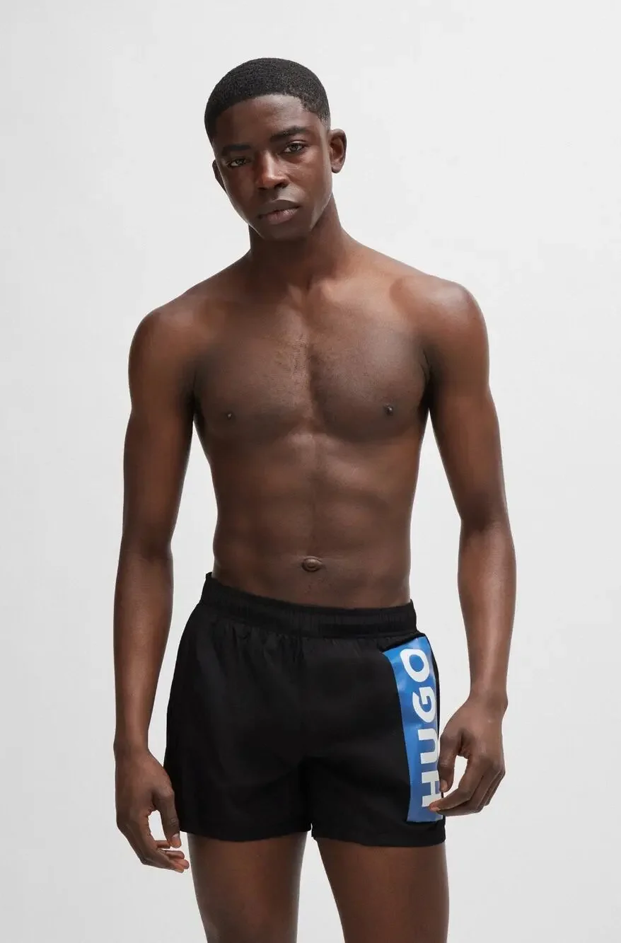 NWT Hugo Boss Blue Okko Lined Quick Dry Swim Shorts Vertical Logo Black Size 2XL